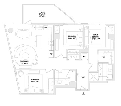Floor plan for 3 beds, 2 baths, 1295 sqft